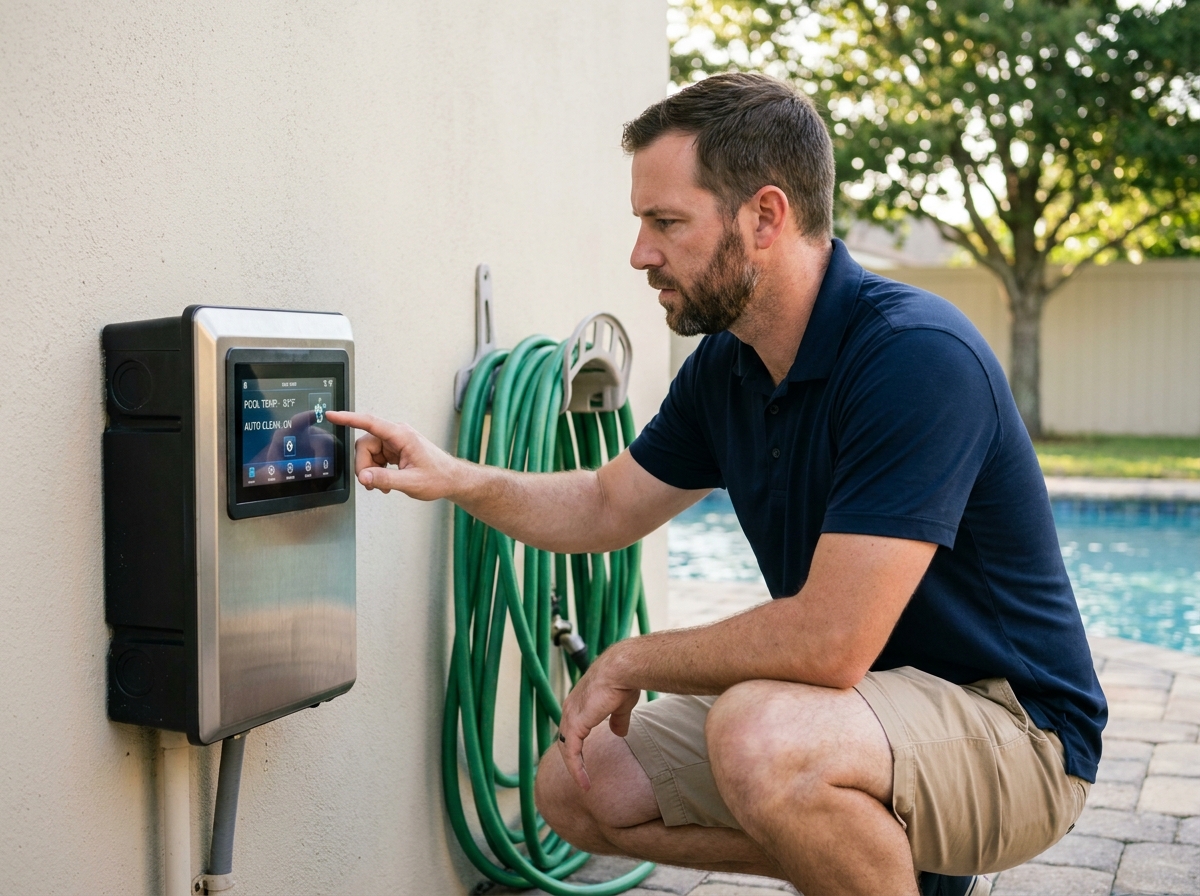 Homme inspectant le panneau de contrôle numérique des équipements automatisés d'une piscine résidentielle moderne
