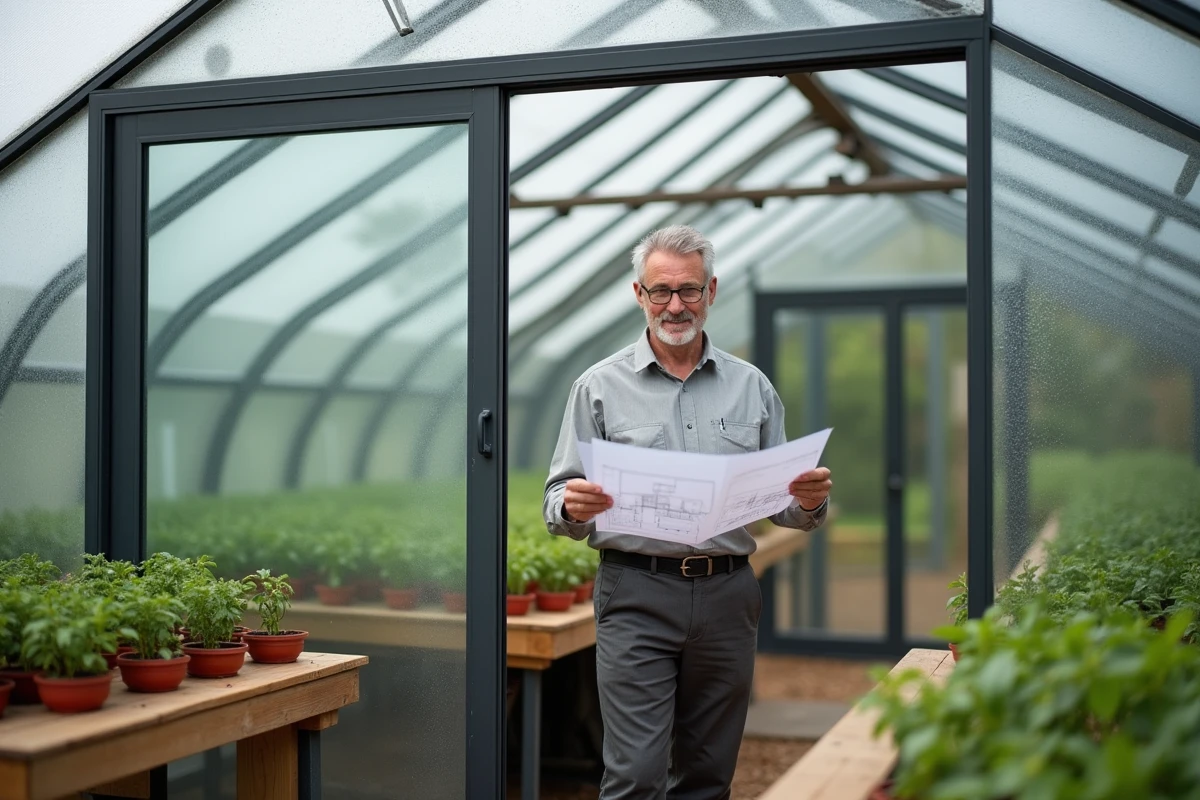 Homme consultant des plans d'une serre de jardin devant l'entrée d'une structure en aluminium et verre