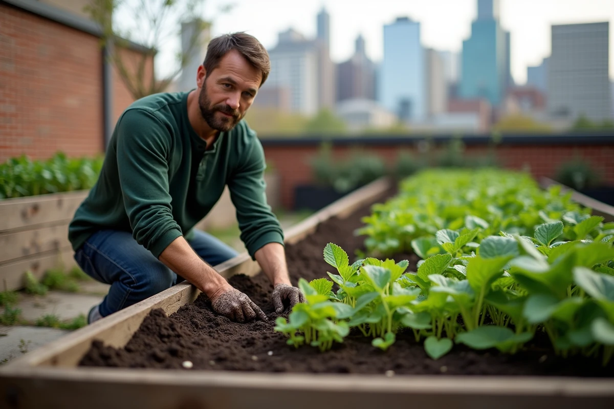 Homme plantant en U dans un potager surélevé sur un toit urbain