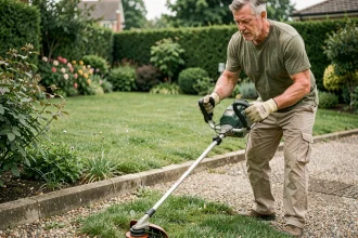 Homme utilisant un rotofil sans fil pour réaliser des bordures nettes le long d'une allée de jardin