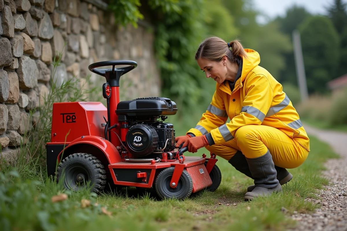 Femme inspectant le plateau de coupe d'une débroussailleuse autoportée sur un terrain semi-rural