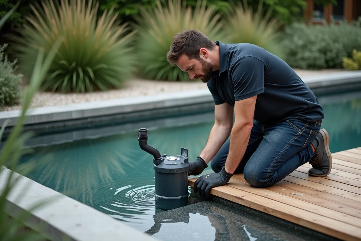 Homme installant un filtre submersible dans un bassin de jardin rectangulaire moderne pour améliorer la filtration de l'eau
