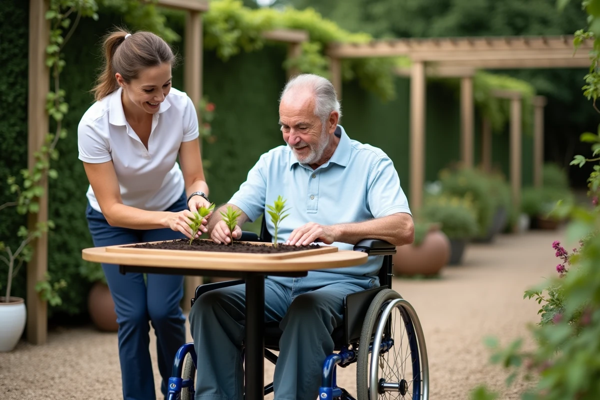 Thérapeute accompagnant un senior en fauteuil roulant dans un atelier de jardinage thérapeutique en plein air dans un jardin sensoriel