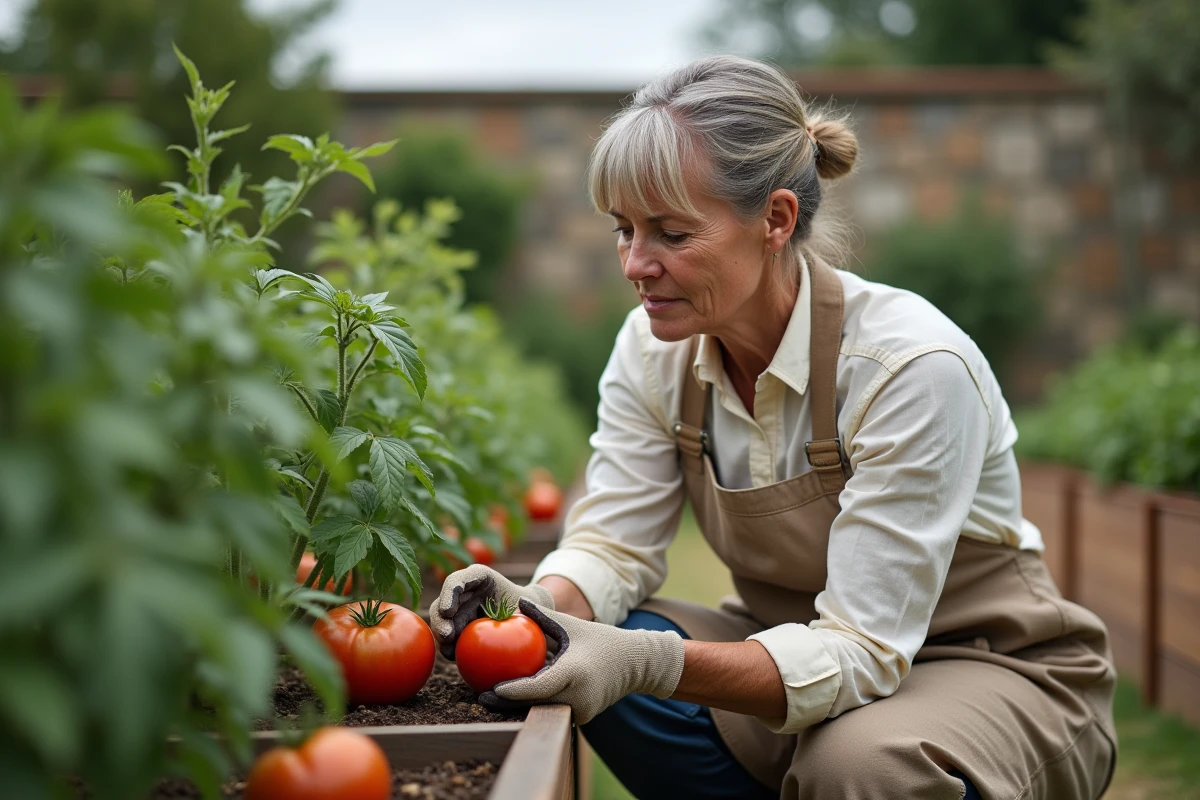 Jardinière inspectant des tomates atteintes de taches noires liées à une carence en calcium dans un potager