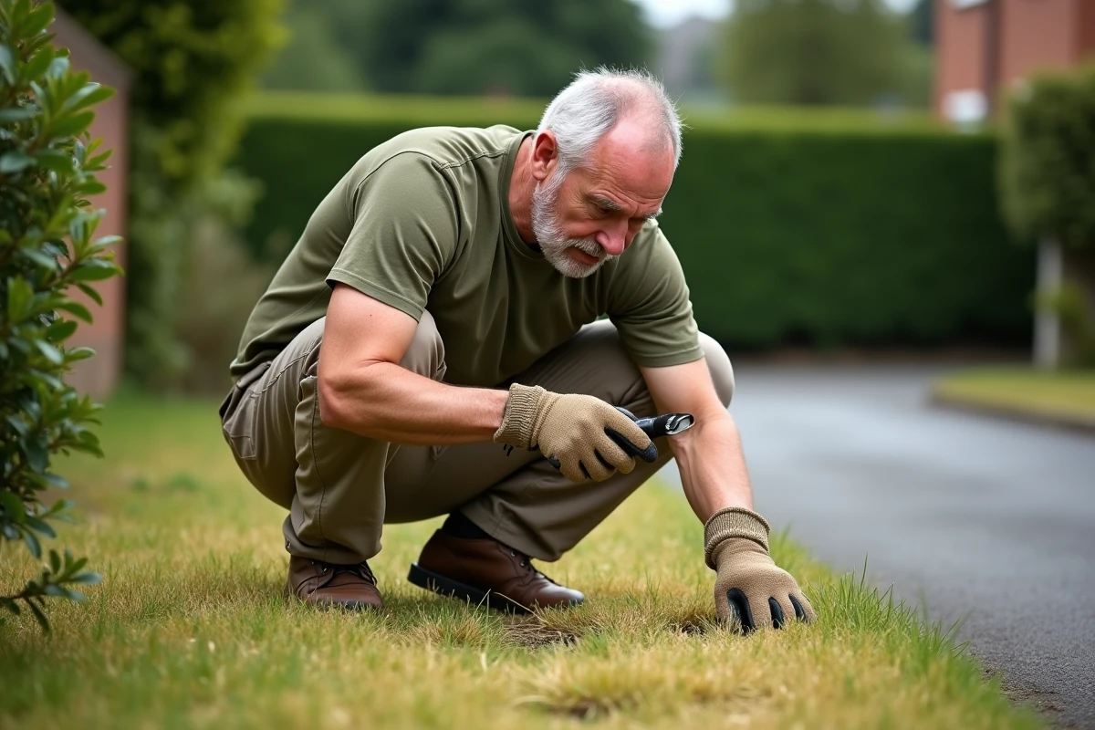 Jardinier examinant une pelouse jaunie suite à un traitement herbicide sélectif dans un jardin résidentiel