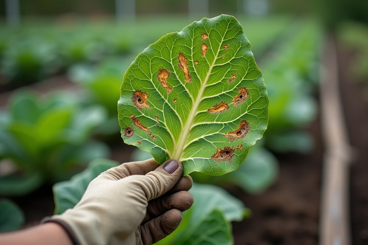 Main gantée d'un jardinier tenant une feuille de chou endommagée par des insectes ravageurs au jardin