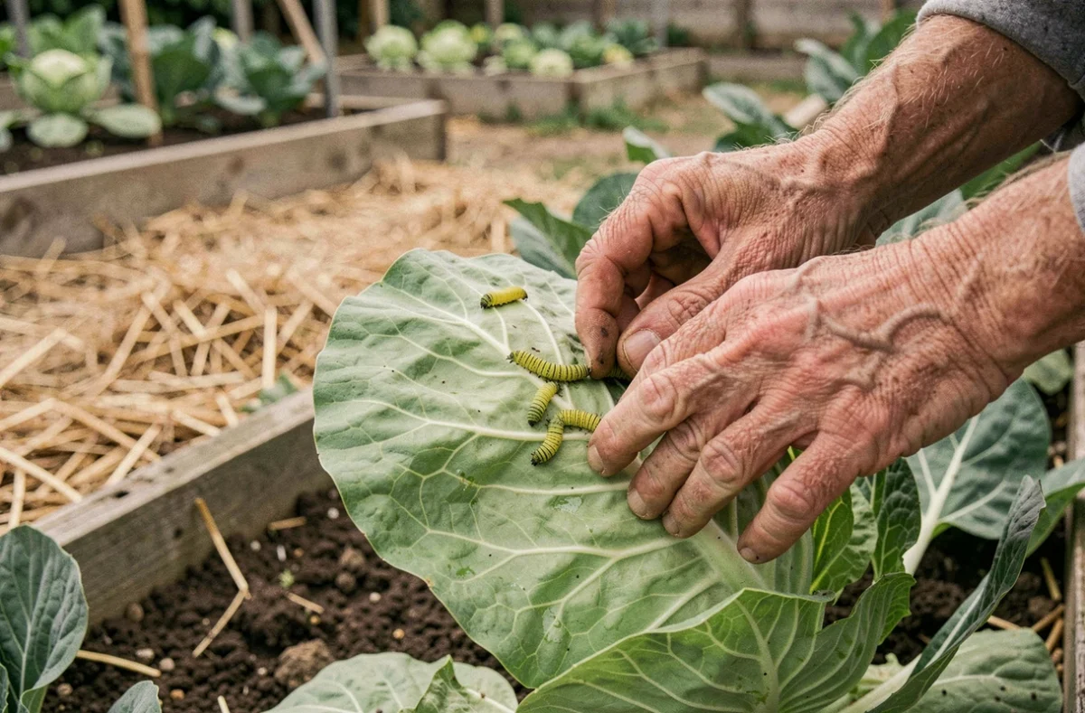 Mains d'un jardinier inspectant des chenilles vertes sous une feuille de chou au potager