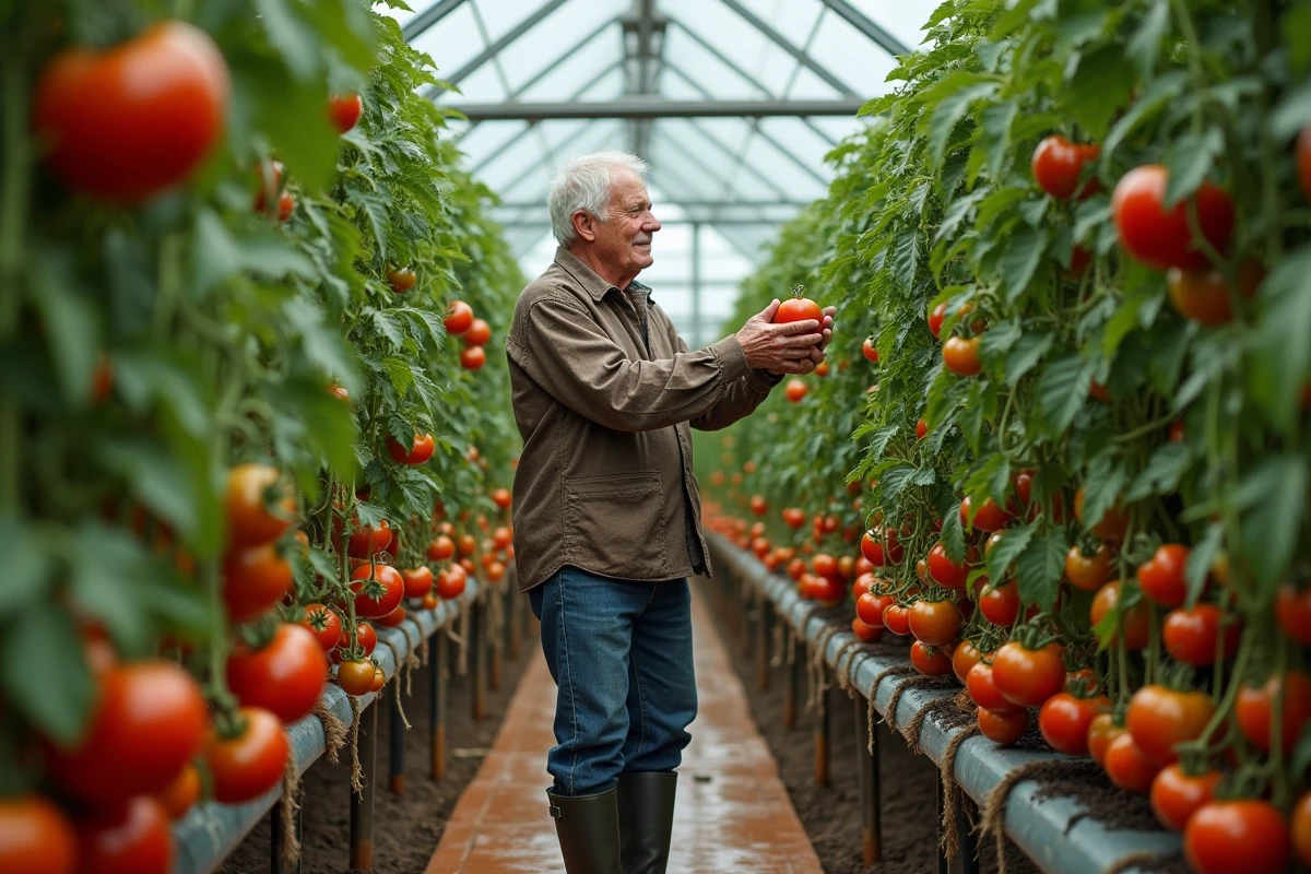 Jardinier âgé inspectant des grappes de tomates mûres dans une serre en verre remplie de plants en pleine croissance