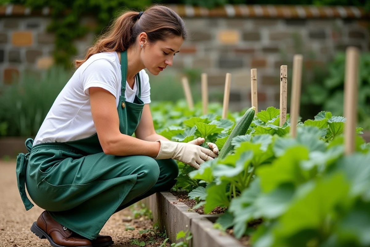 Jardinière examinant des feuilles de concombres jaunissantes causées par la proximité de plantes incompatibles comme la menthe dans un potager