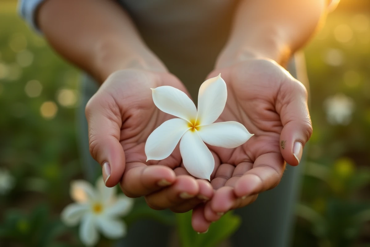 Mains d'un parfumeur tenant une fleur de jasmin grandiflorum fraîchement cueillie, avec champ de fleurs de Grasse en arrière-plan flou