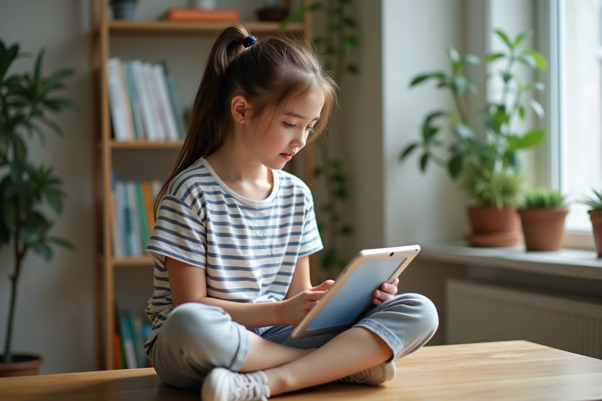 Jeune fille consultant les tarifs d'abonnement de l'application PlantSnap sur une tablette à son bureau
