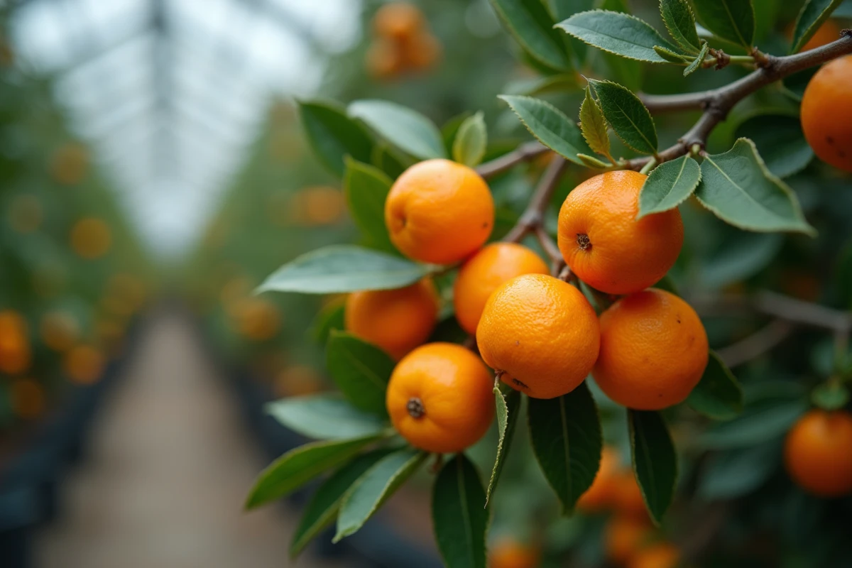 Branche de kumquat avec fruits oranges et feuilles brillantes en gros plan dans une serre
