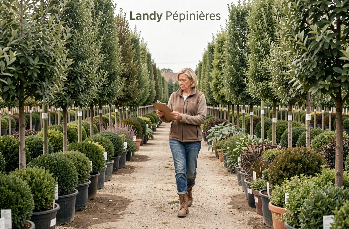La gérante de Landy Pépinières vérifiant les étiquettes de plantes dans les rangées d'arbres en conteneurs