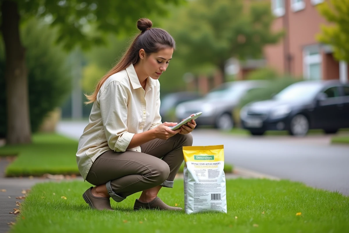 Femme lisant les instructions sur un sac d'engrais pour pelouse agenouillée dans un jardin soigné