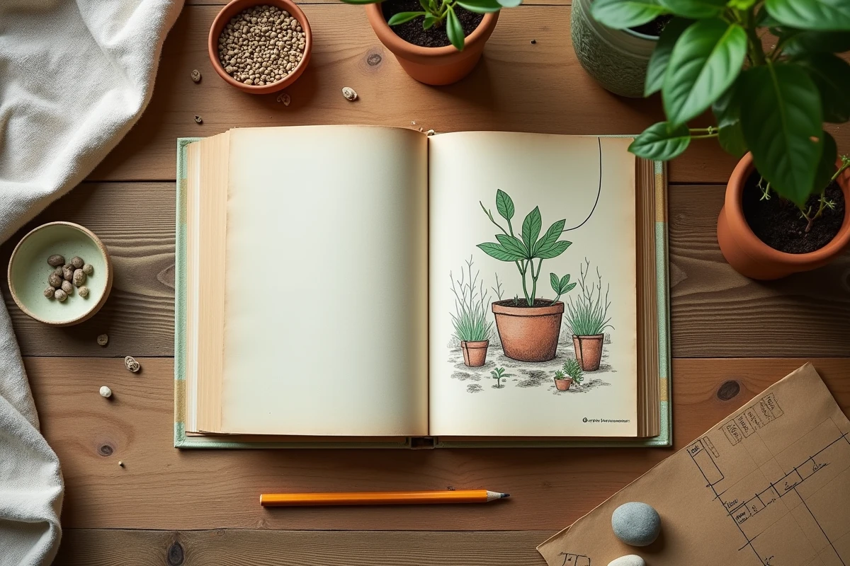 Vue de dessus d'un livre de permaculture pour enfants entouré de graines, de plantes et de dessins de jardin sur une table en bois