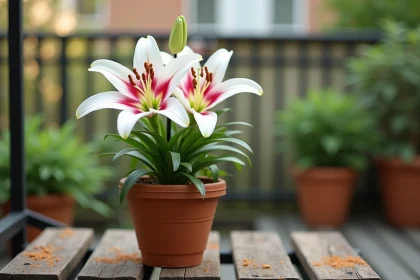 Lys oriental en fleur dans un pot en terre cuite sur un balcon en bois, avec de grandes fleurs blanches et roses épanouies