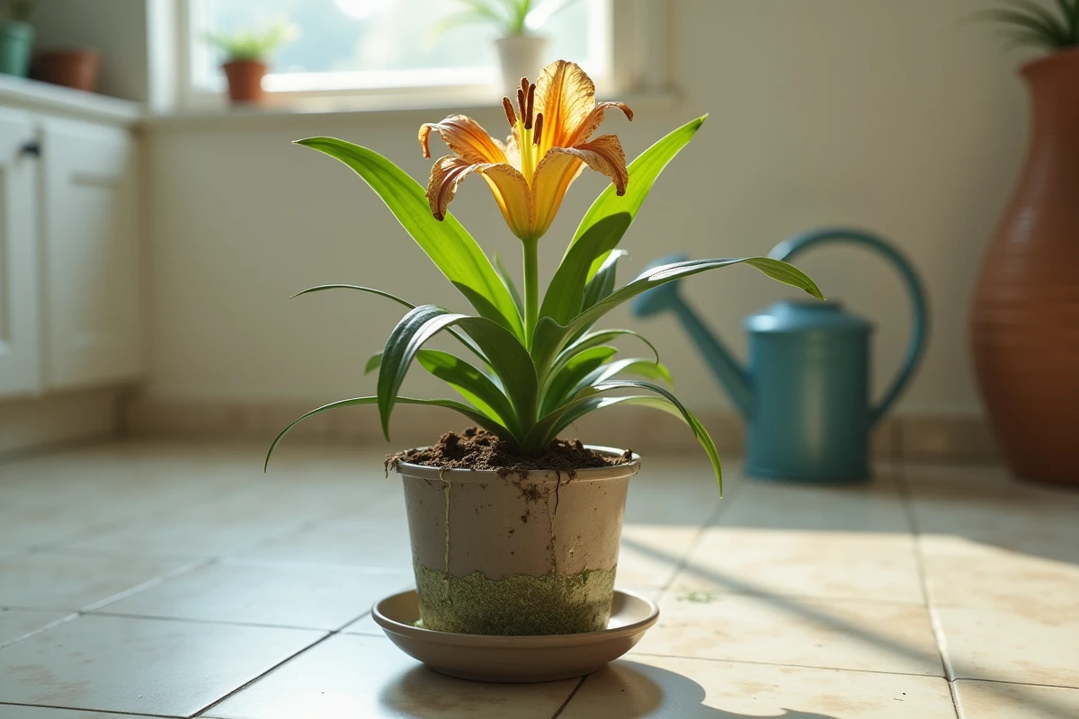 Lys oriental en pot en mauvaise santé avec feuilles jaunissantes et sol détrempé à l'intérieur