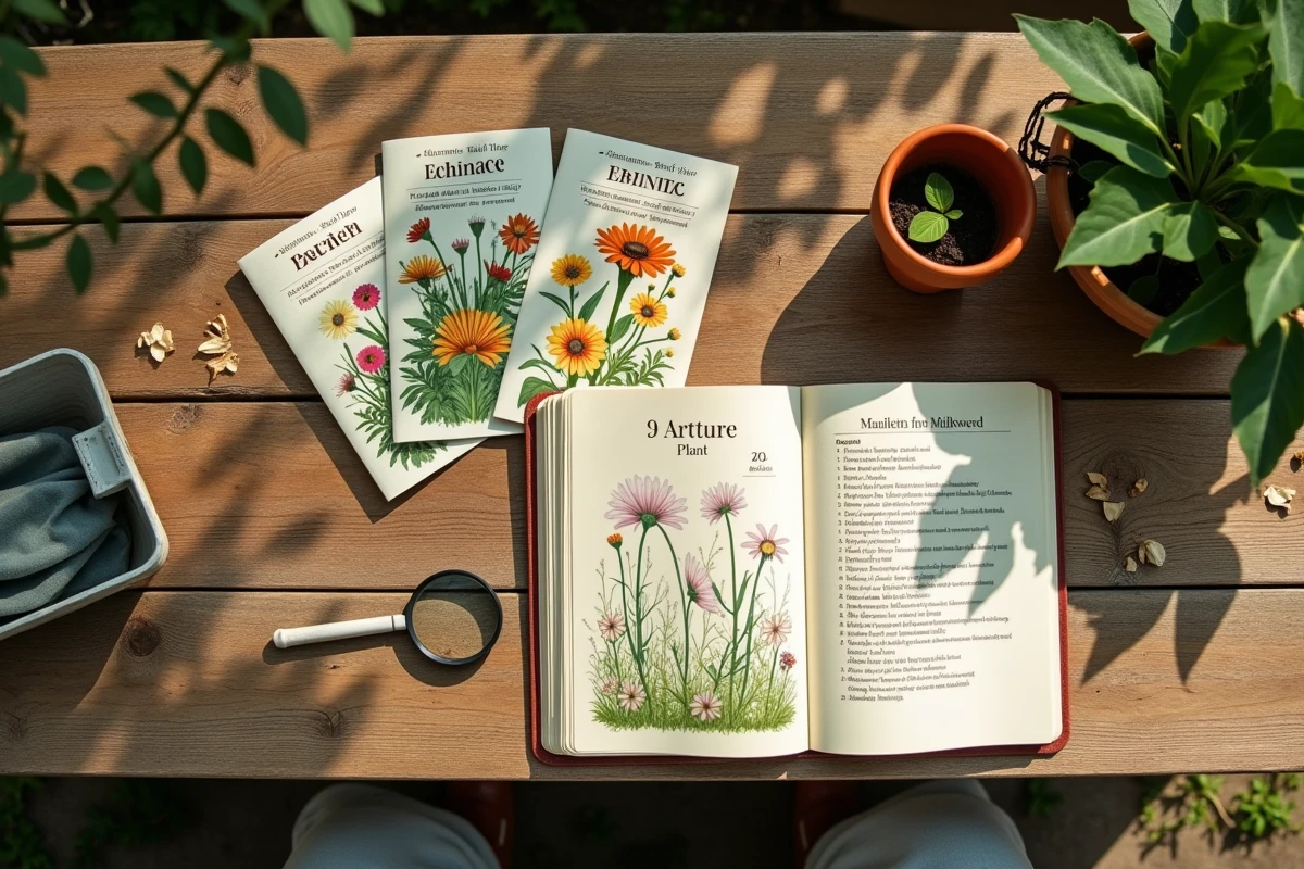 Matériel de jardinage pour attirer les papillons disposé sur une table en bois avec graines et carnet