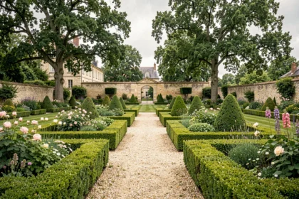 Vue panoramique d'un jardin privé soigneusement entretenu dans les Yvelines avec haies taillées et allées en gravier