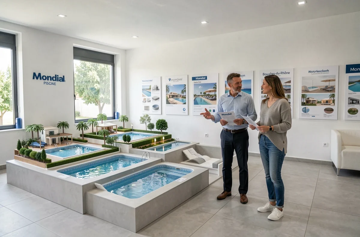 Showroom Mondial Piscine avec modèles exposés et conseiller commercial accompagnant un couple dans leur choix de piscine