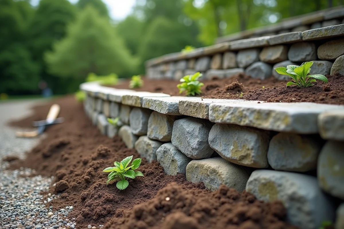 Mur de soutènement en pierre construit en terrasse sur un terrain en pente avec remblai de gravier et terre