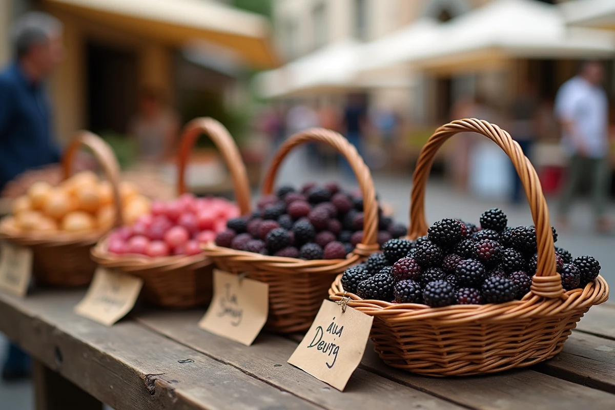 Paniers de mûres du mûrier platane exposés sur un étal de marché fermier en plein air