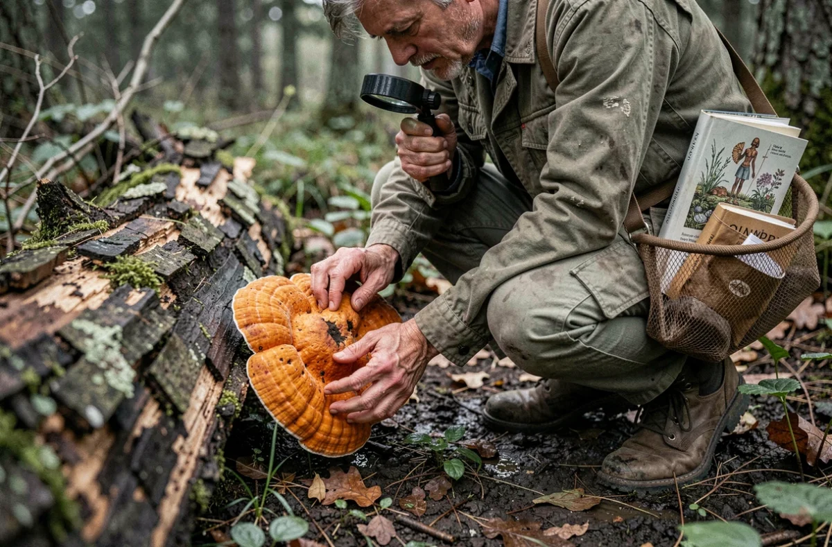 Mycologue examinant un champignon orange sur bois mort avec une loupe lors d'une sortie en forêt