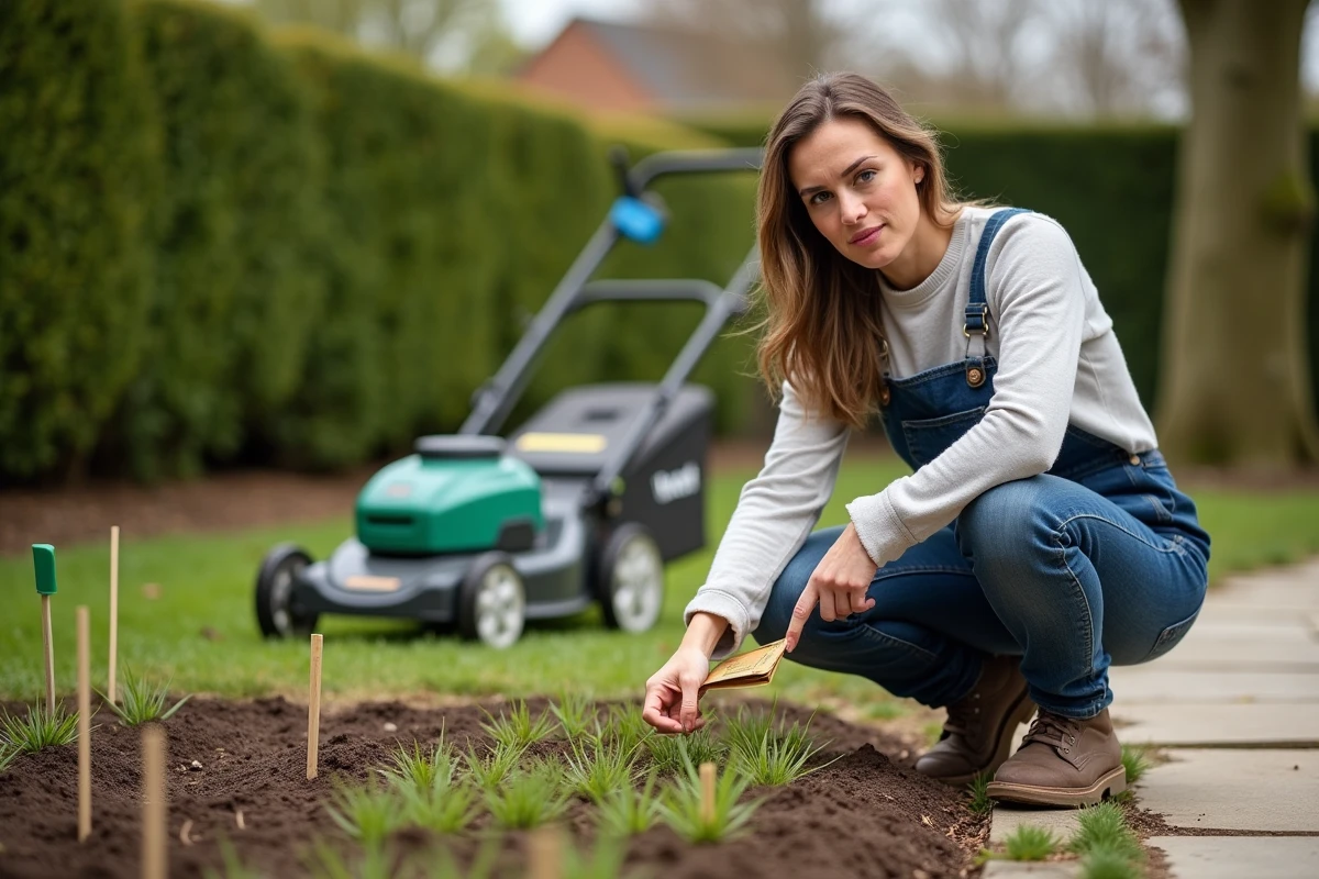 Femme agenouillée devant une zone de gazon nouvellement ensemencée avec une tondeuse à l'écart, illustrant l'importance de ne pas tondre une pelouse en germination