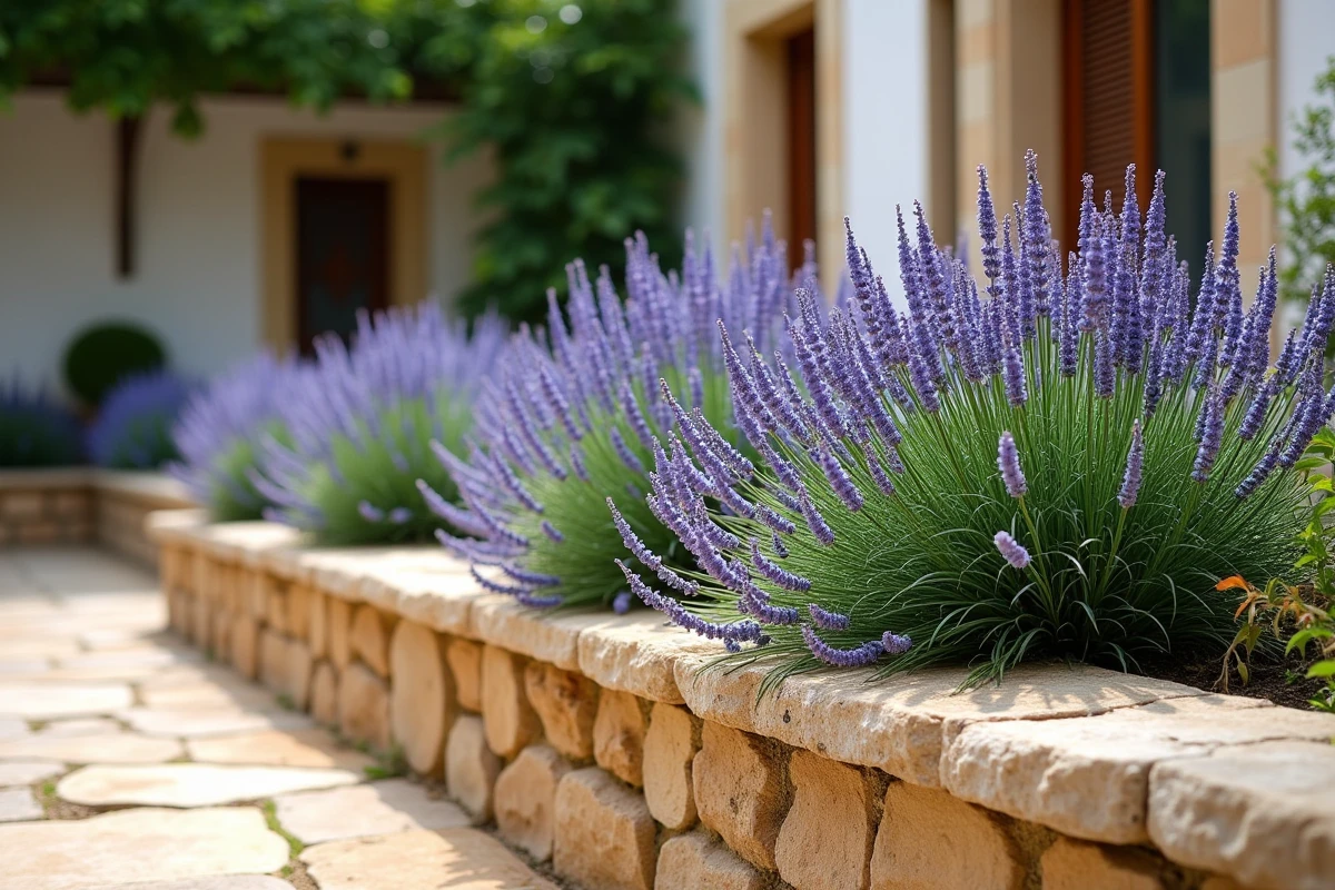 Vue d'ensemble de nepeta en floraison le long d'un muret en pierre dans un jardin méditerranéen ensoleillé