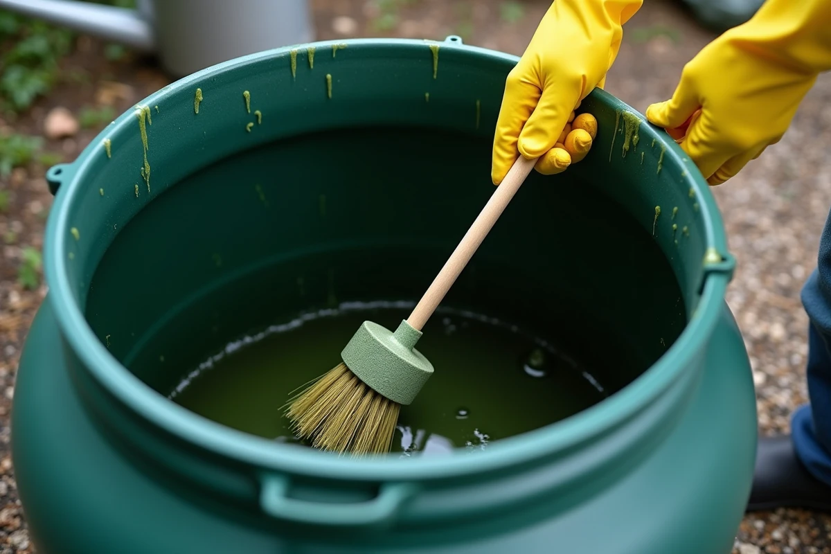 Nettoyage manuel des algues à l'intérieur d'un récupérateur d'eau de pluie avec une brosse et des gants de protection