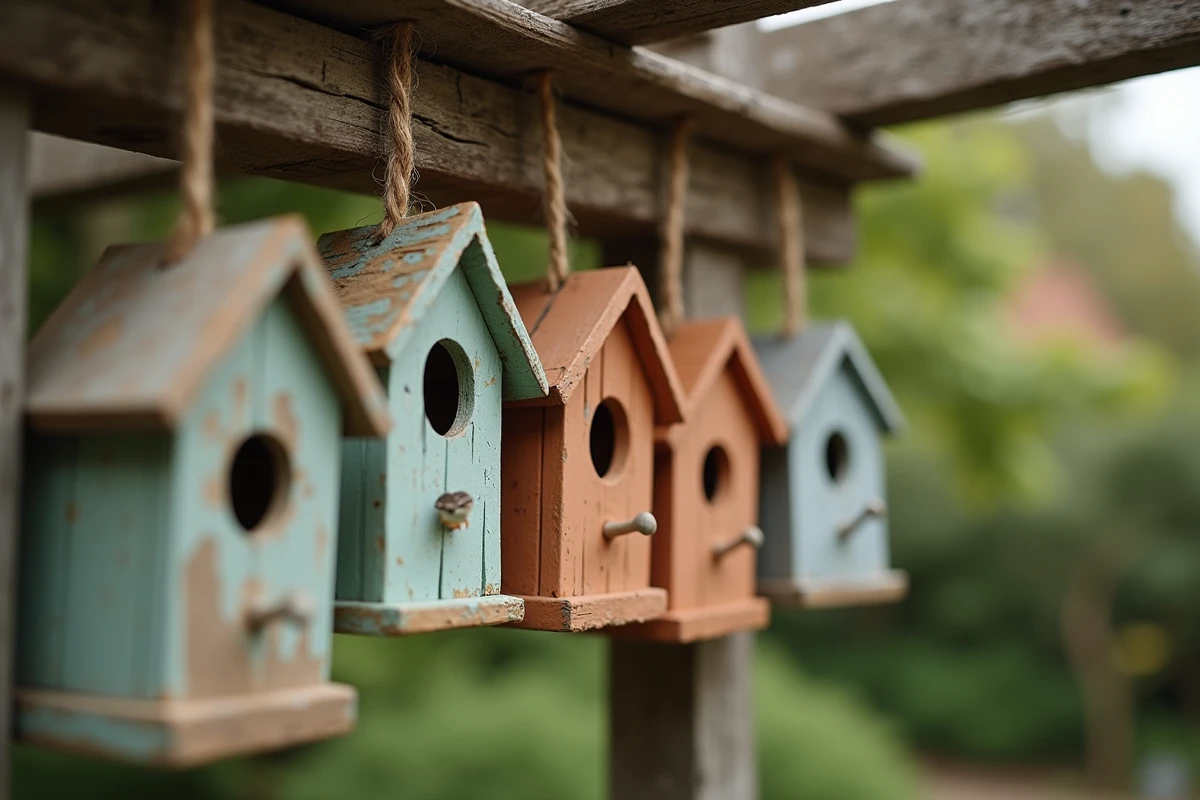 Gros plan sur plusieurs nichoirs colorés suspendus à une pergola en bois, illustrant les meilleures couleurs pour attirer les oiseaux