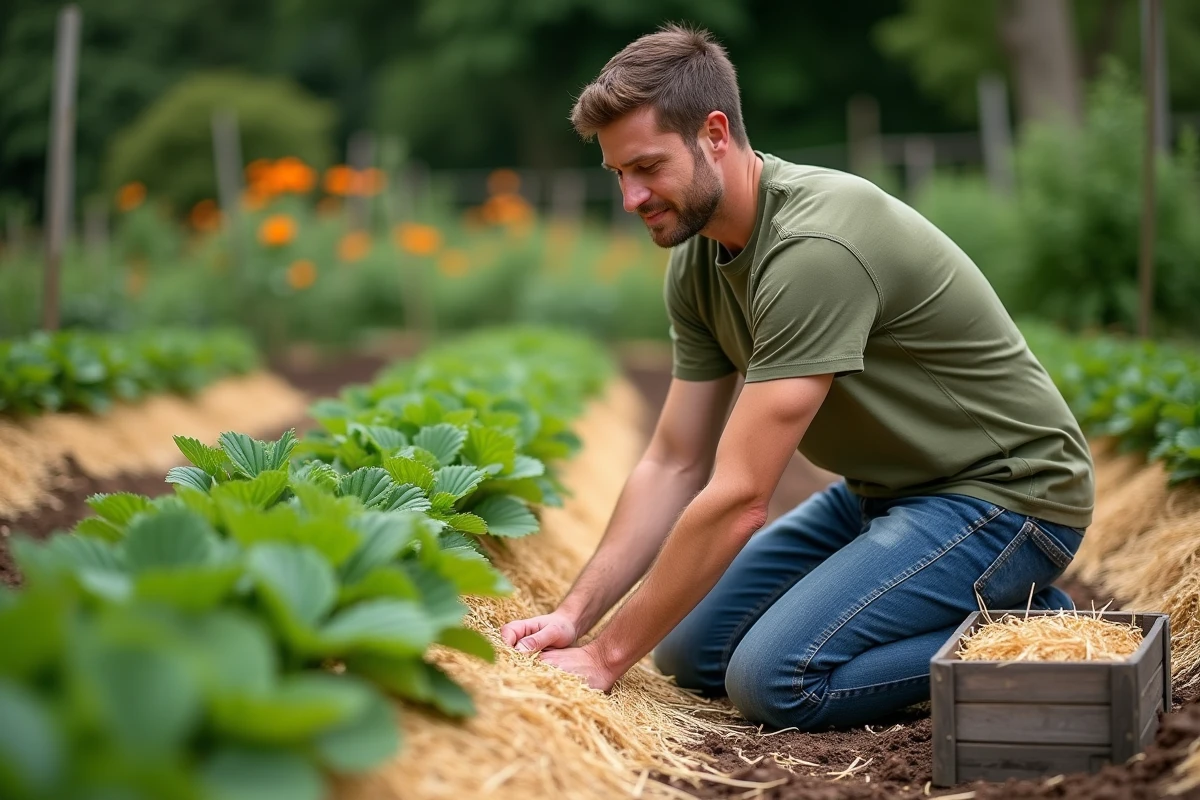 Homme appliquant un paillage de paille naturelle autour de plants de fraisiers dans un potager bio, technique de jardinage écologique sans pesticides