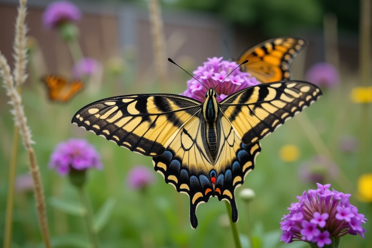 Papillon machaon aux ailes déployées sur des fleurs de verveine dans un jardin naturel