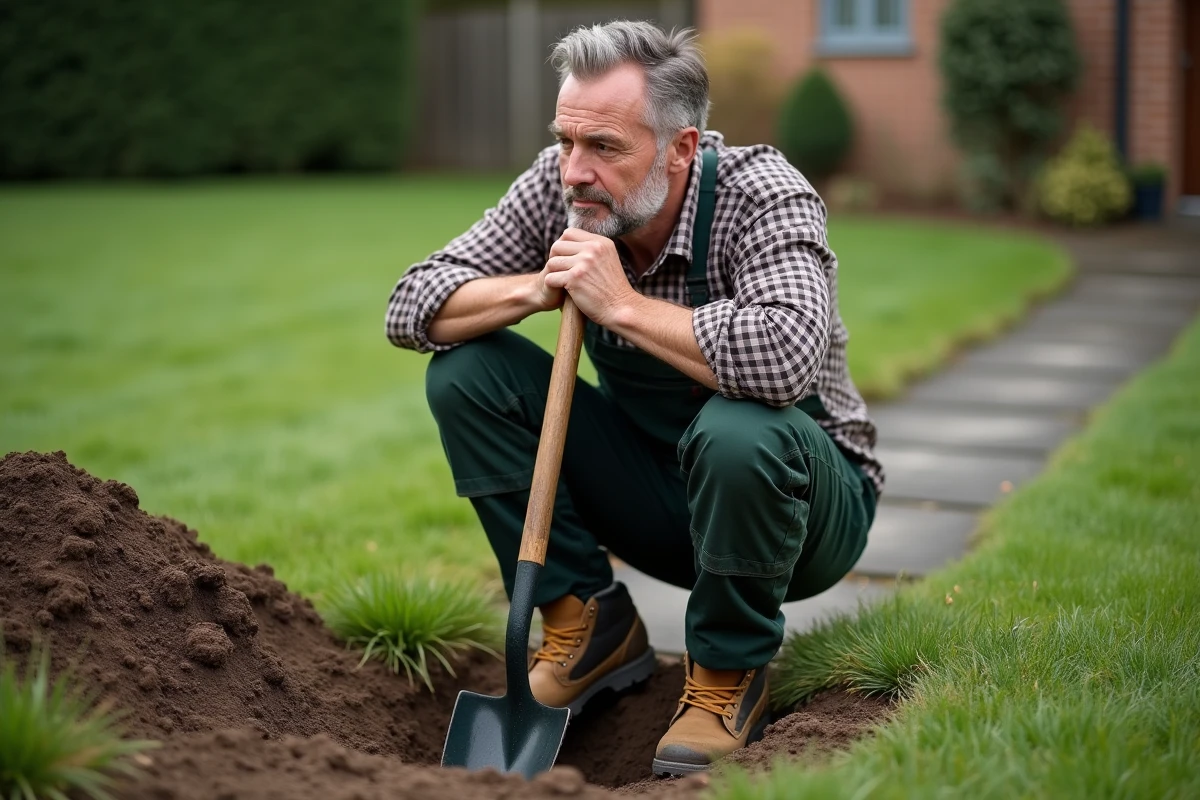 Homme marquant une pause lors d'un creusement pour préserver son énergie et éviter la fatigue musculaire
