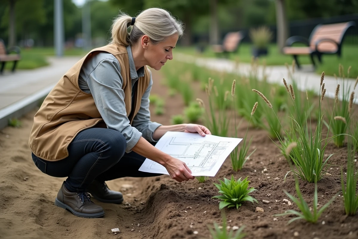Paysagiste inspectant un jardin pluvial dans un parc public en cours d'aménagement pour améliorer la fréquentation