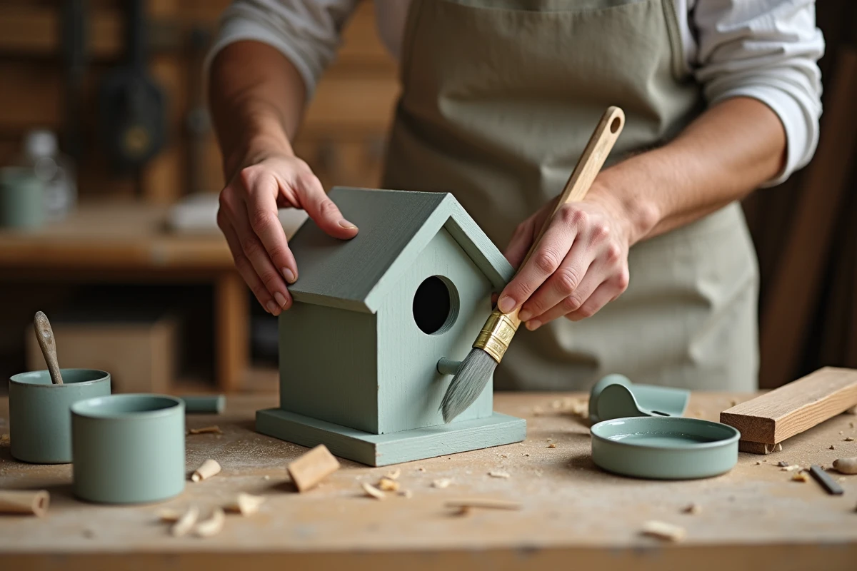 Personne peignant un nichoir en bois avec une teinte verte naturelle dans un atelier artisanal, pour attirer les oiseaux avec la bonne couleur