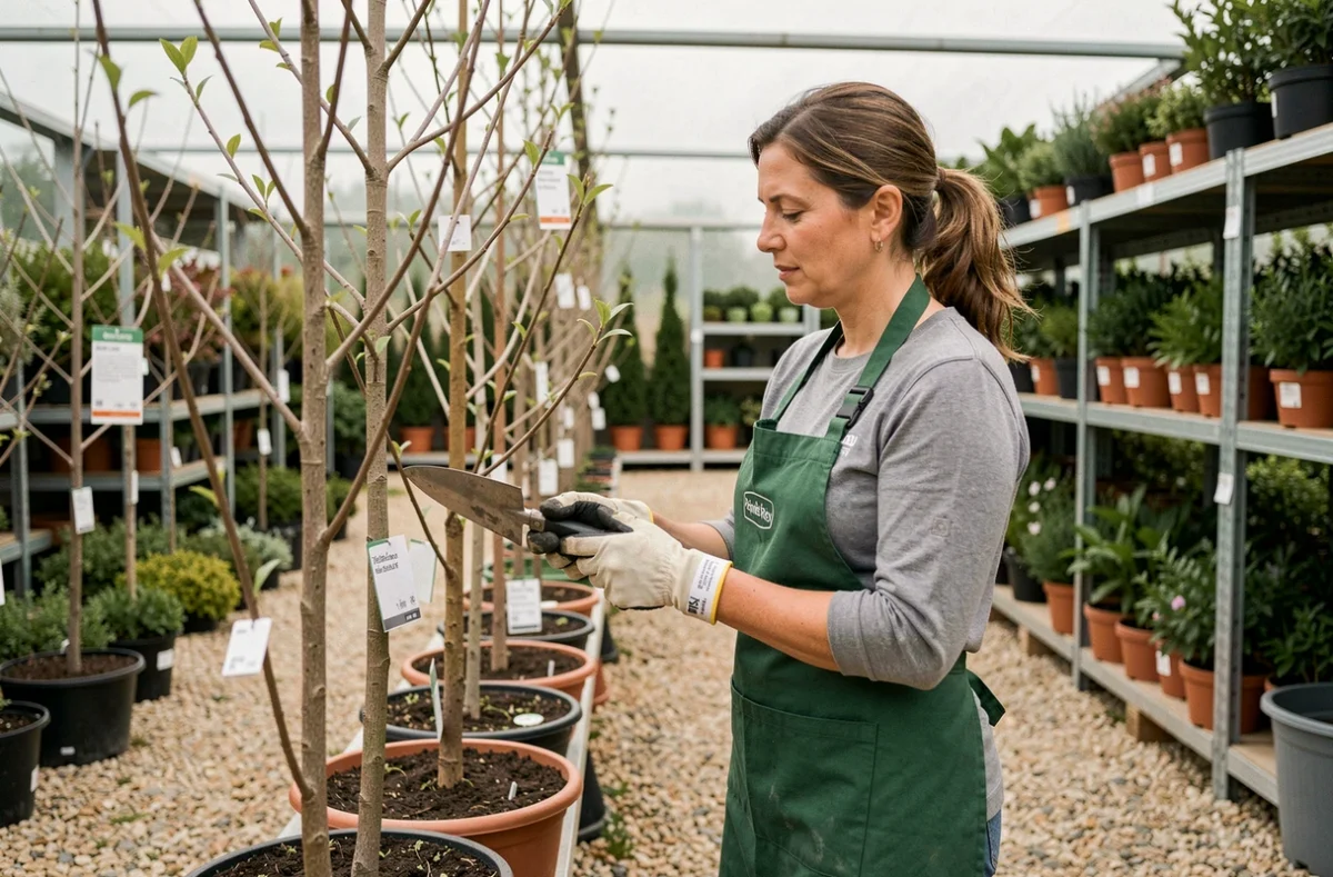 Une employée de la pépinière Rey soignant des arbres ornementaux dans les allées de la pépinière