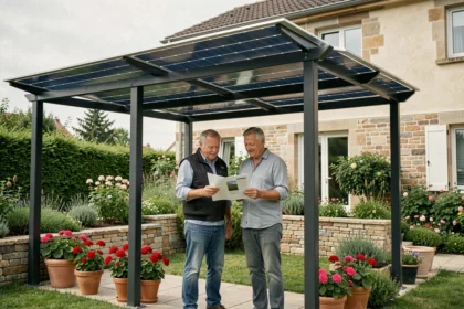 Couple de propriétaires examinant les documents de subvention sous une pergola solaire installée dans un jardin résidentiel à Geispolsheim en Alsace