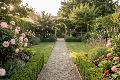 Petit jardin simple avec allée de gravier et massifs fleuris