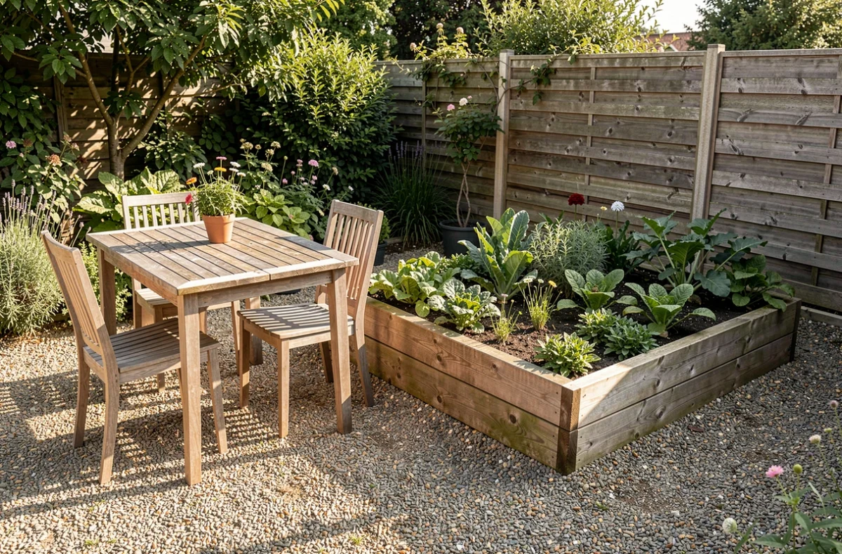 Petite terrasse gravillonnée à côté d'un carré potager