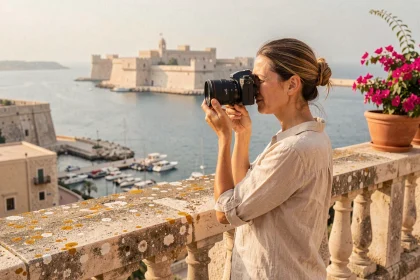 Photographe amateur tenant un appareil photo au belvédère des jardins Barrakka supérieurs à Malte avec vue sur le Grand Port