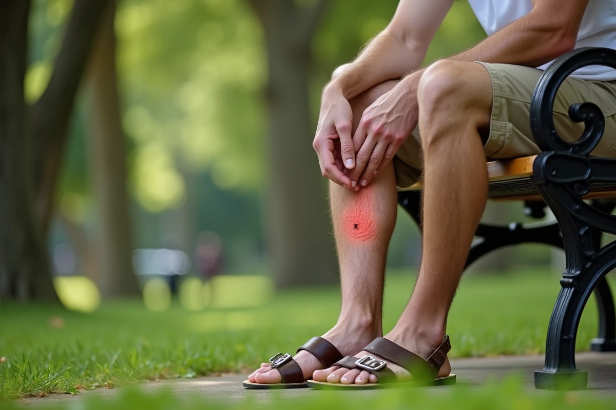 Homme examinant des piqûres de petite bête rouge sur sa jambe dans un parc, rougeurs visibles au-dessus de la cheville
