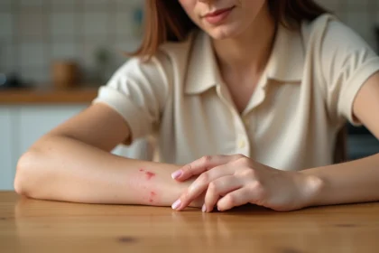 Piqûres de petite bête rouge sur l'avant-bras d'une femme, légère rougeur et démangeaison visible sur la peau