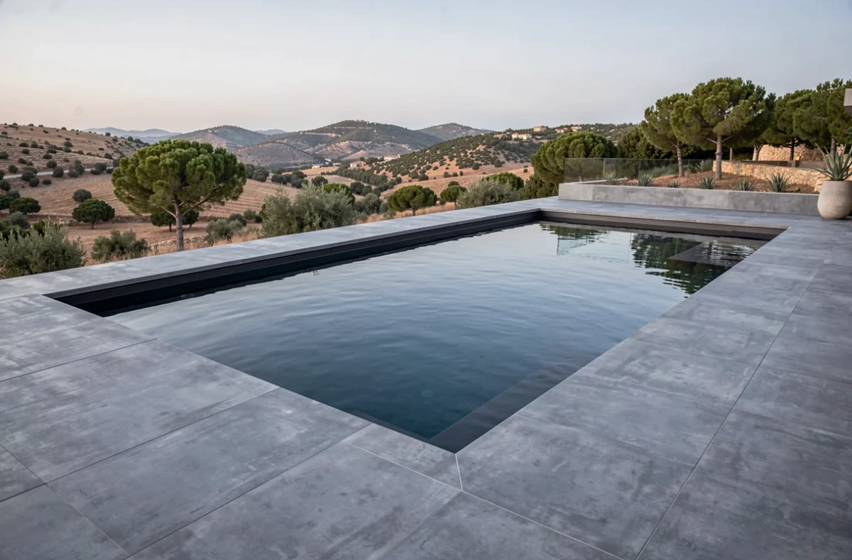 Piscine Ibiza contemporaine avec liner anthracite et débordement à l'infini sur une terrasse moderne en béton gris