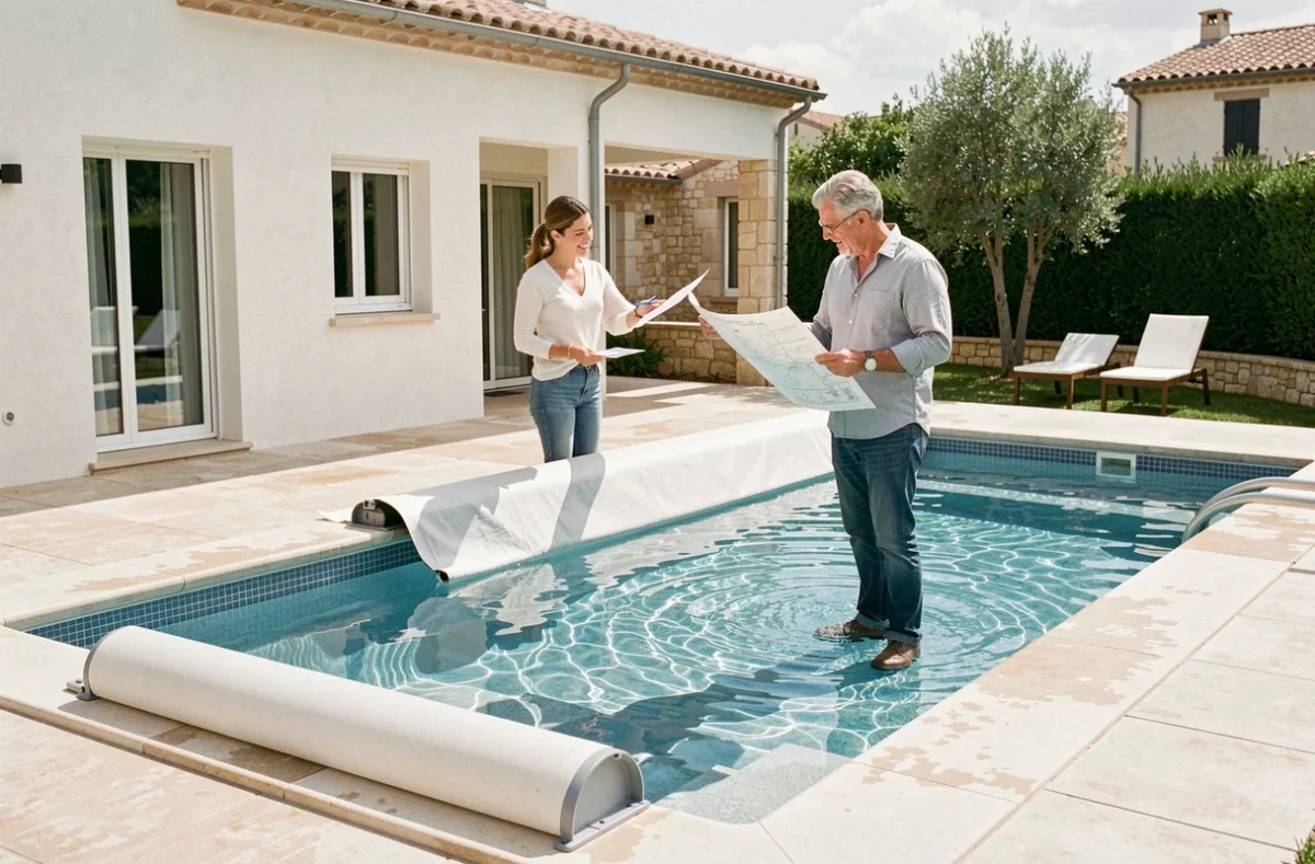Piscine Magiline avec paroi de sécurité amovible dans un jardin moderne provençal, conseillère et propriétaire discutant du projet