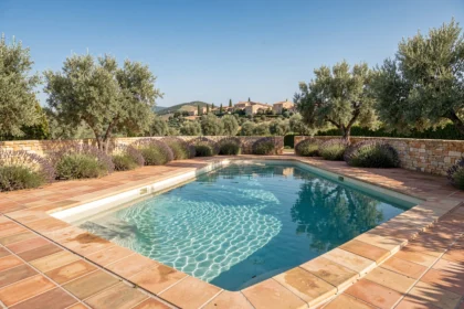 Vue d'ensemble d'une piscine résidentielle dans un jardin provençal avec des oliviers et des carreaux en terre cuite