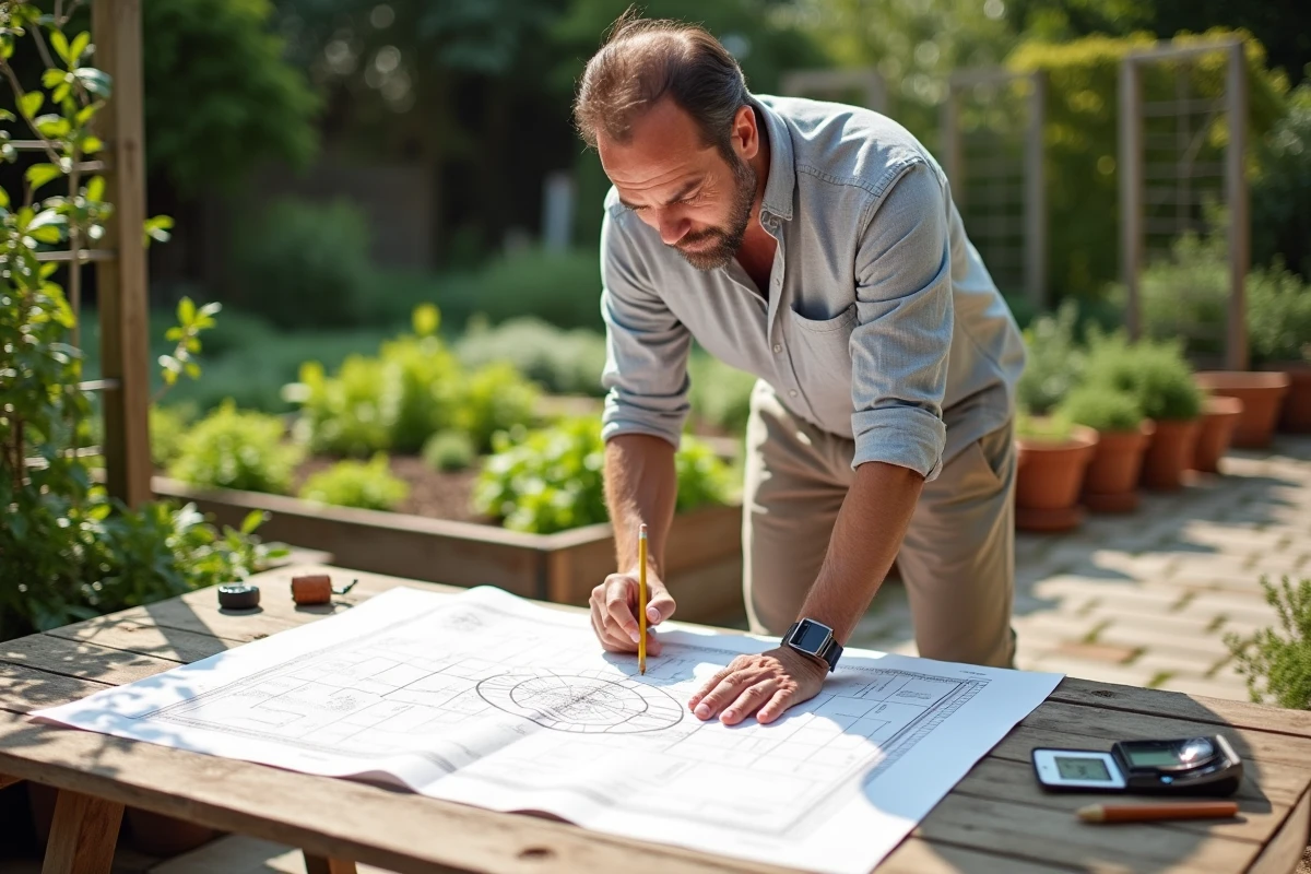 Jardinier planifiant l'orientation des rangées d'un potager sur un plan dessiné à la main posé sur une table en bois