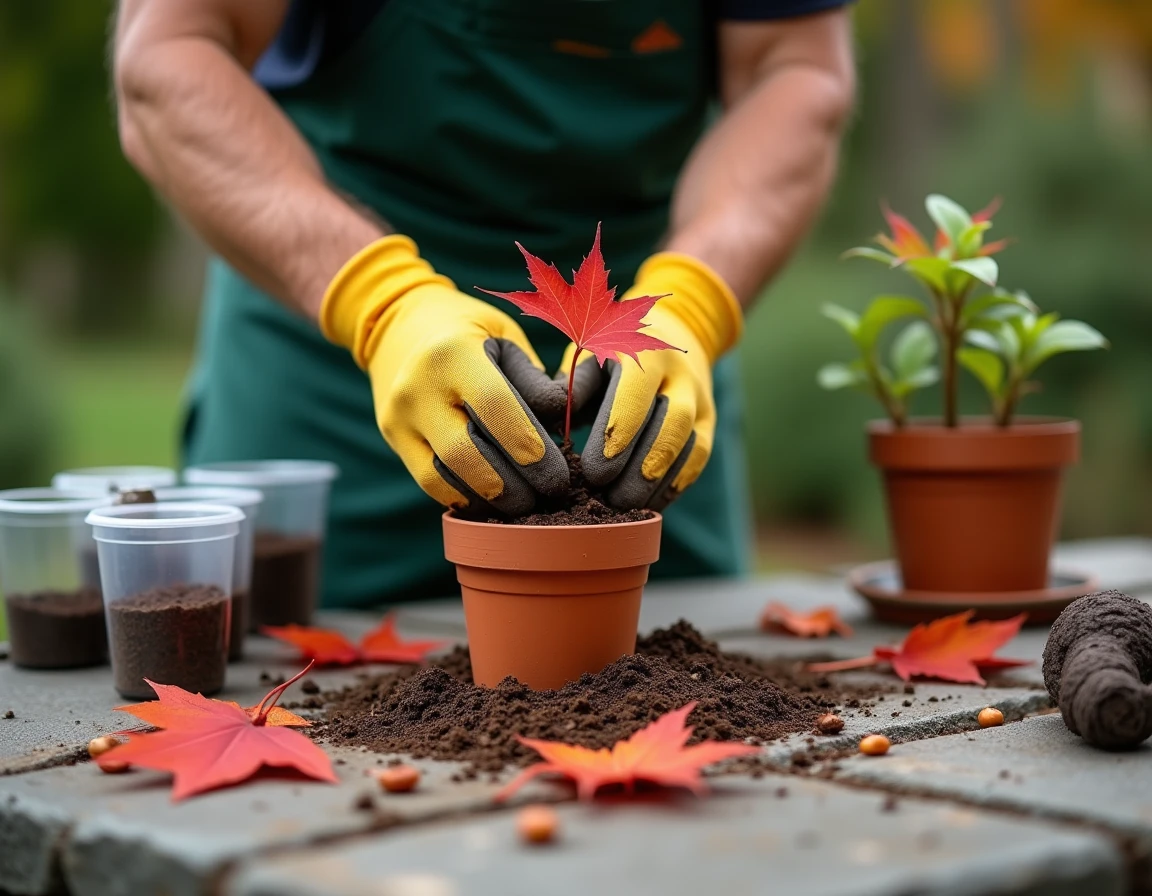 Jardinier plantant une bouture d'érable japonais dans un pot en terre cuite entouré de feuilles rouges et d'outils de bouturage en automne