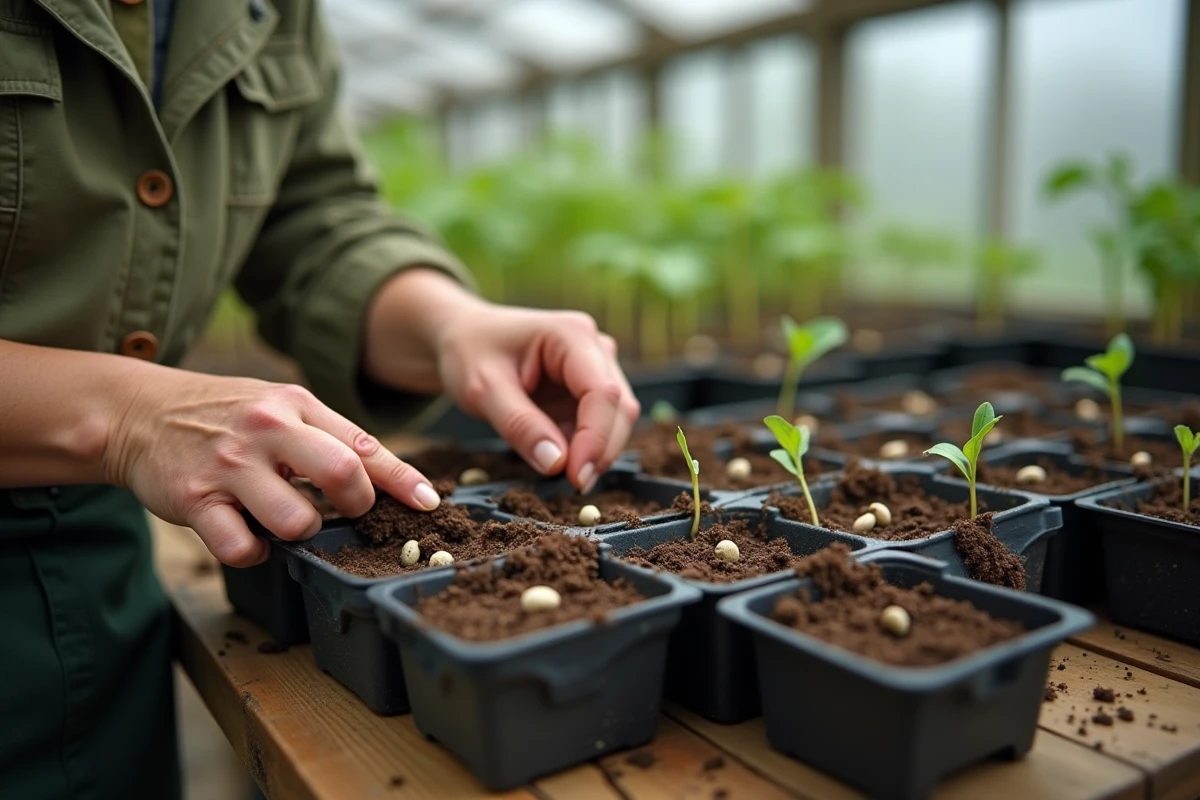 Femme plantant des haricots pré-germés dans des alvéoles de semis en serre