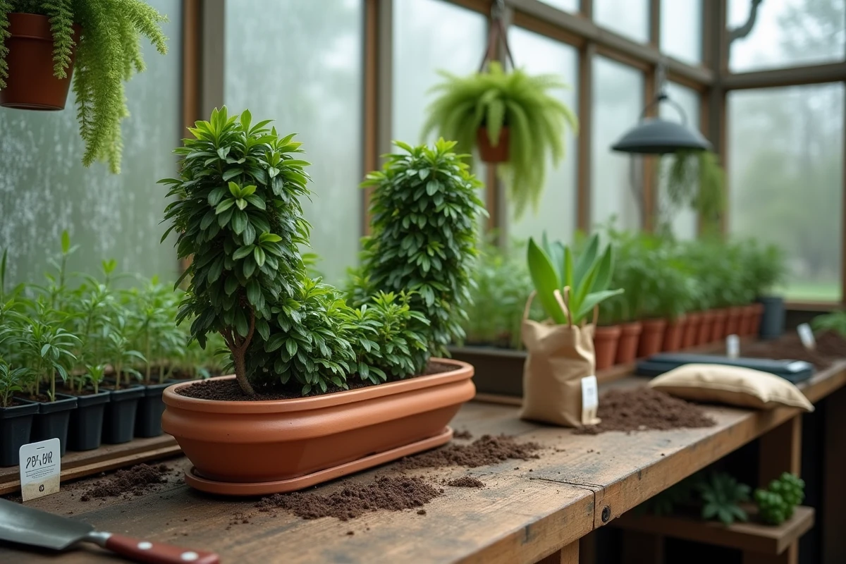 Plante en U dans un pot en céramique sur un établi en bois dans une serre